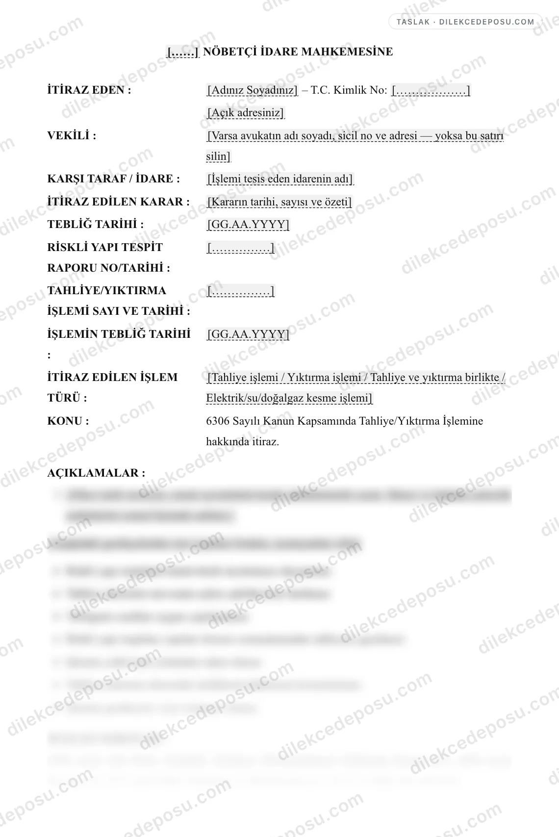 6306 Sayılı Kanun Kapsamında Tahliye/Yıktırma İşlemine İtiraz Dilekçesi Örneği – taslağın ilk bölümünün önizlemesi