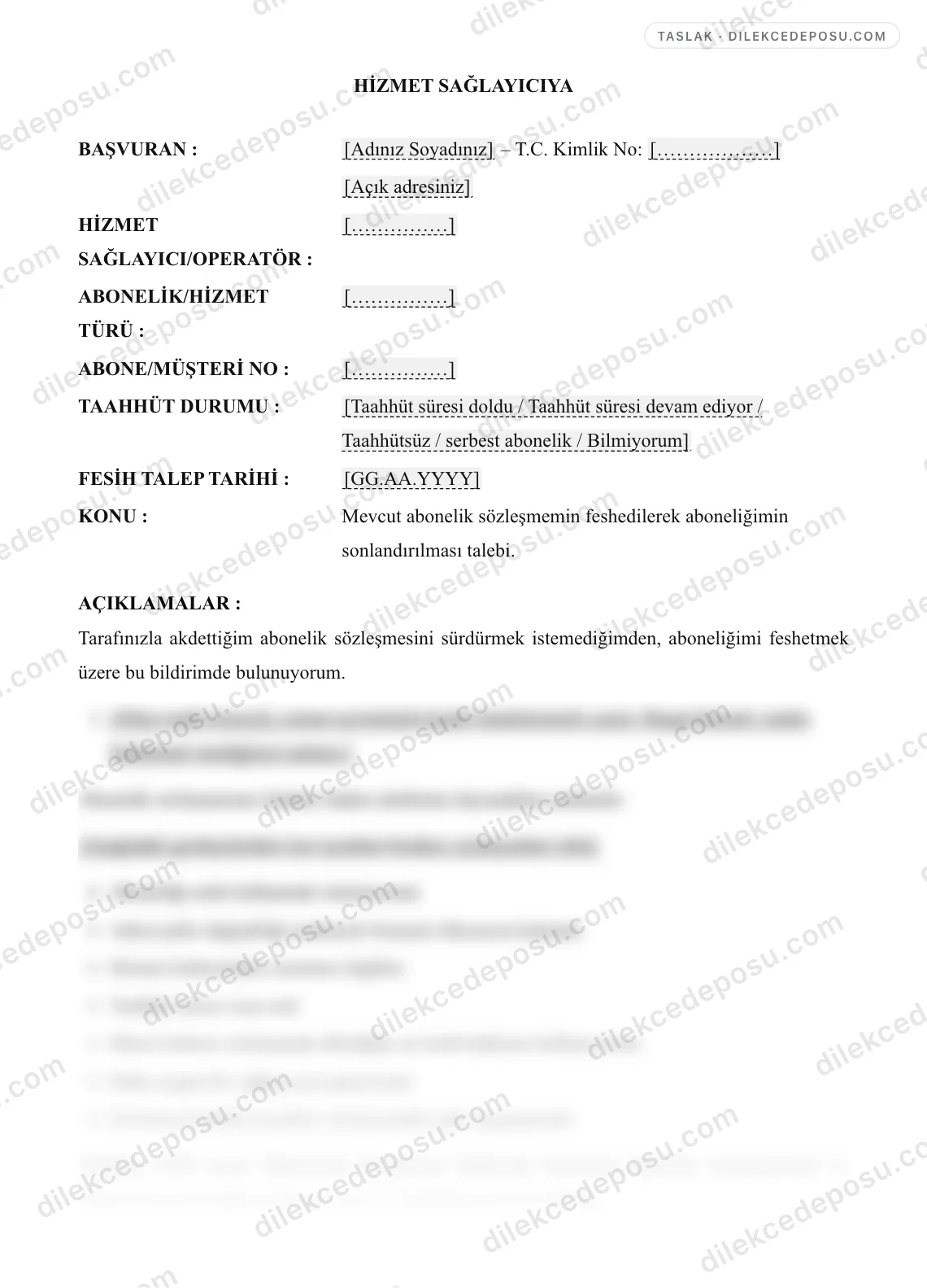 Abonelik Sözleşmesi Fesih (İptal) Dilekçesi Örneği – taslağın ilk bölümünün önizlemesi