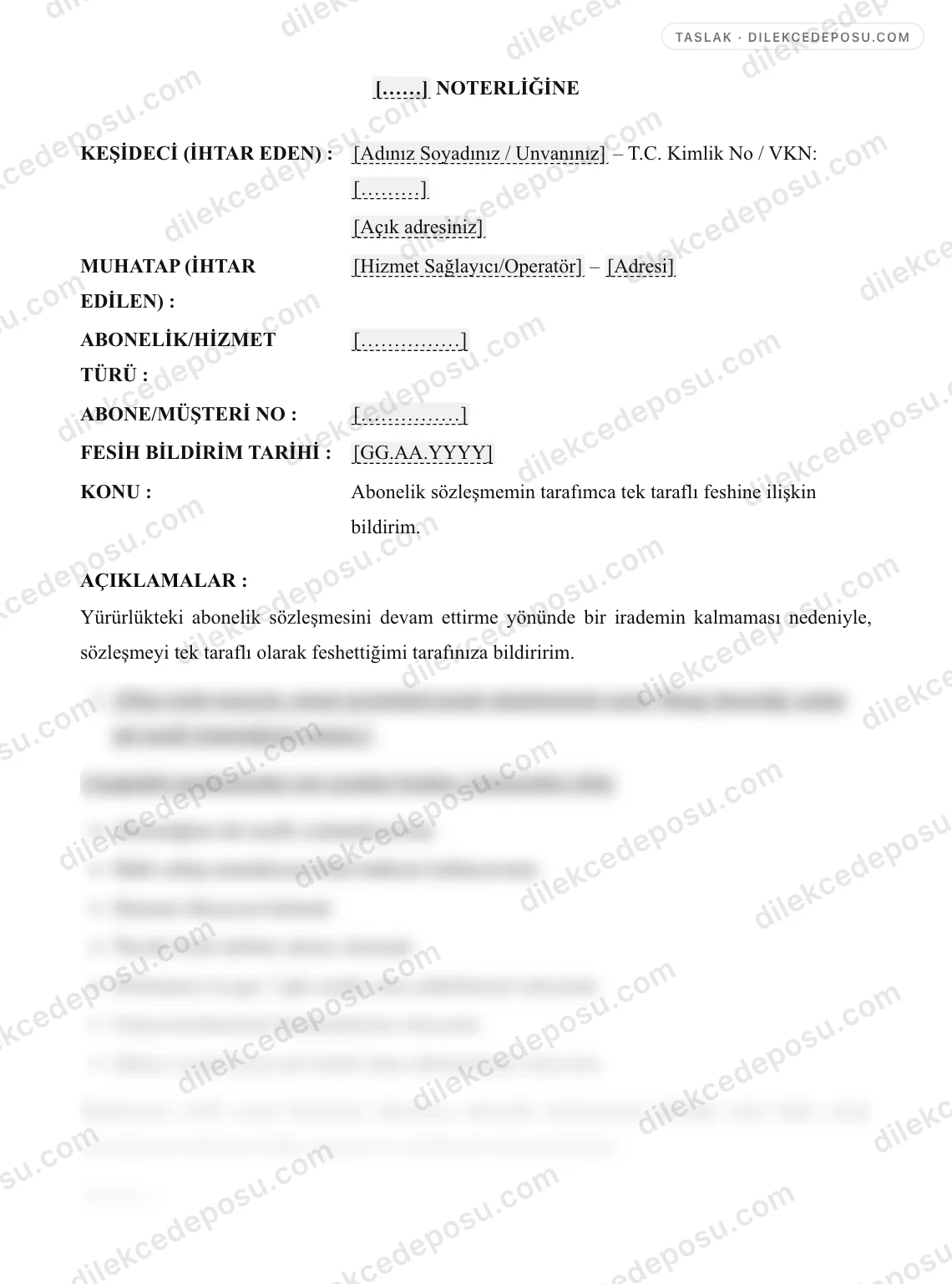 Abonelik Sözleşmesinin Tek Taraflı Feshi Bildirimi Örneği – taslağın ilk bölümünün önizlemesi