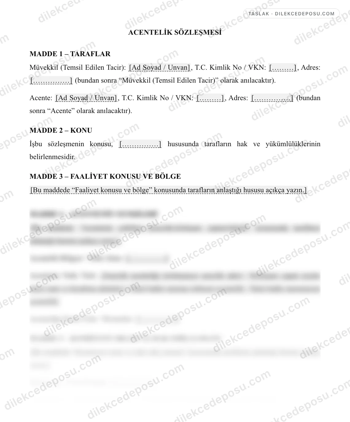 Acentelik Sözleşmesi Örneği – taslağın ilk bölümünün önizlemesi