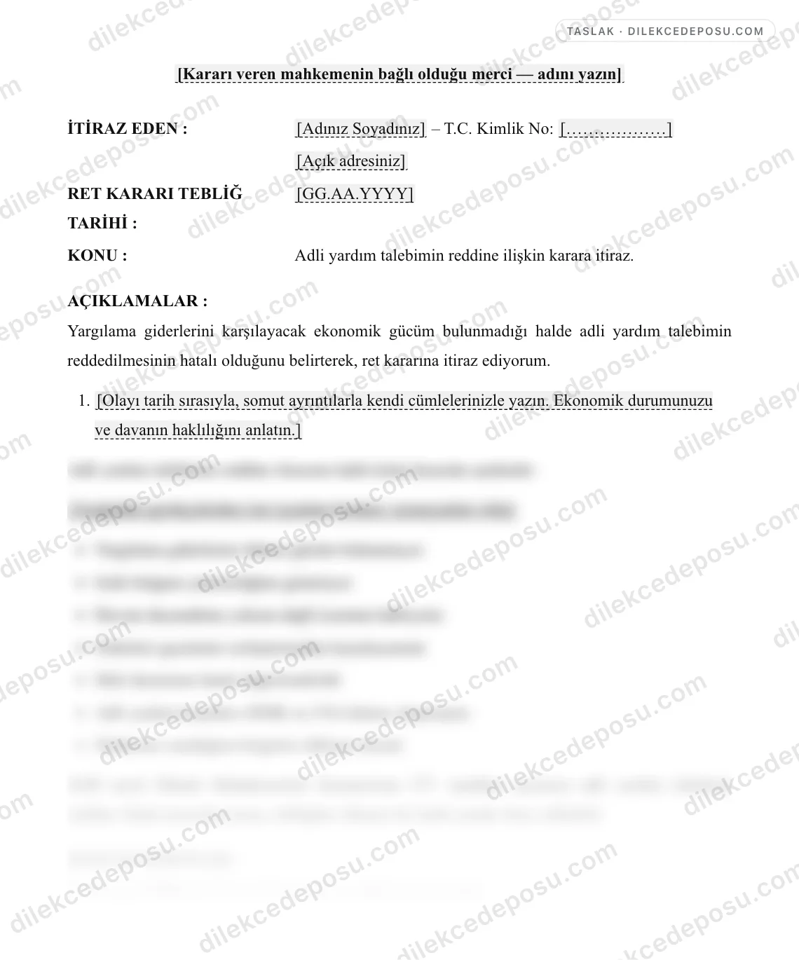 Adli Yardım Talebinin Reddine İtiraz Dilekçesi Örneği – taslağın ilk bölümünün önizlemesi