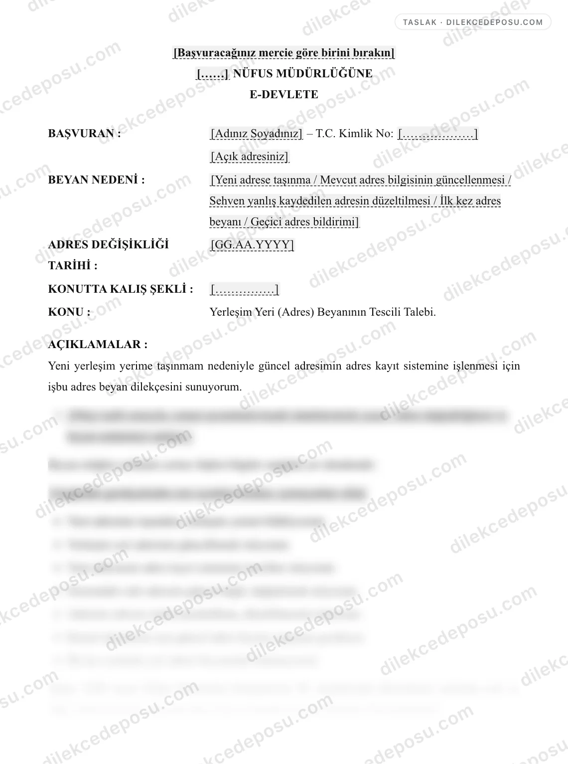 Adres Beyanı Dilekçesi Örneği – taslağın ilk bölümünün önizlemesi