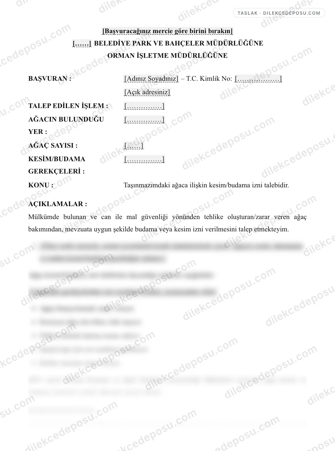 Ağaç Kesim/Budama İzni Talep Dilekçesi Örneği – taslağın ilk bölümünün önizlemesi