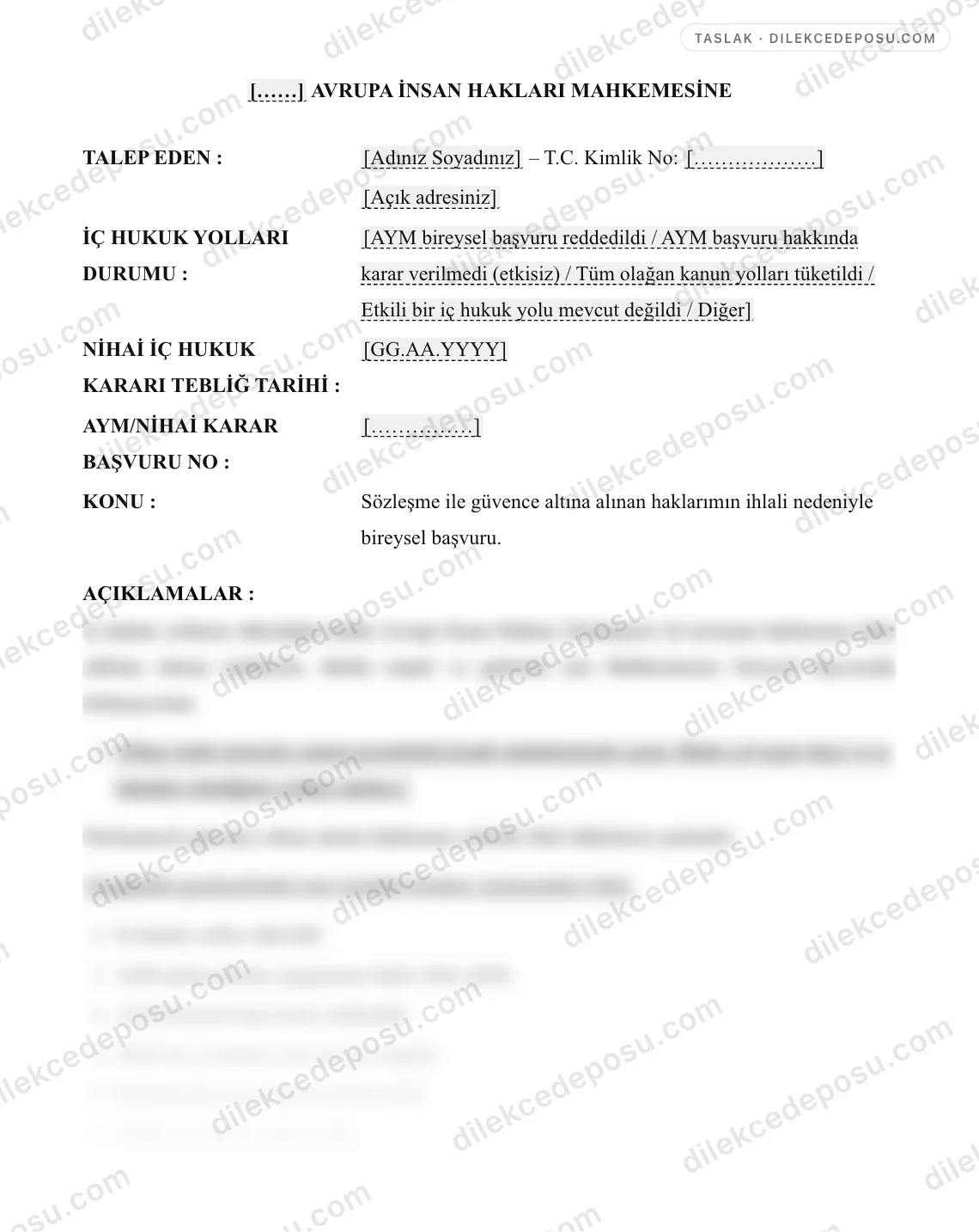AİHM Bireysel Başvuru Dilekçesi Örneği – taslağın ilk bölümünün önizlemesi