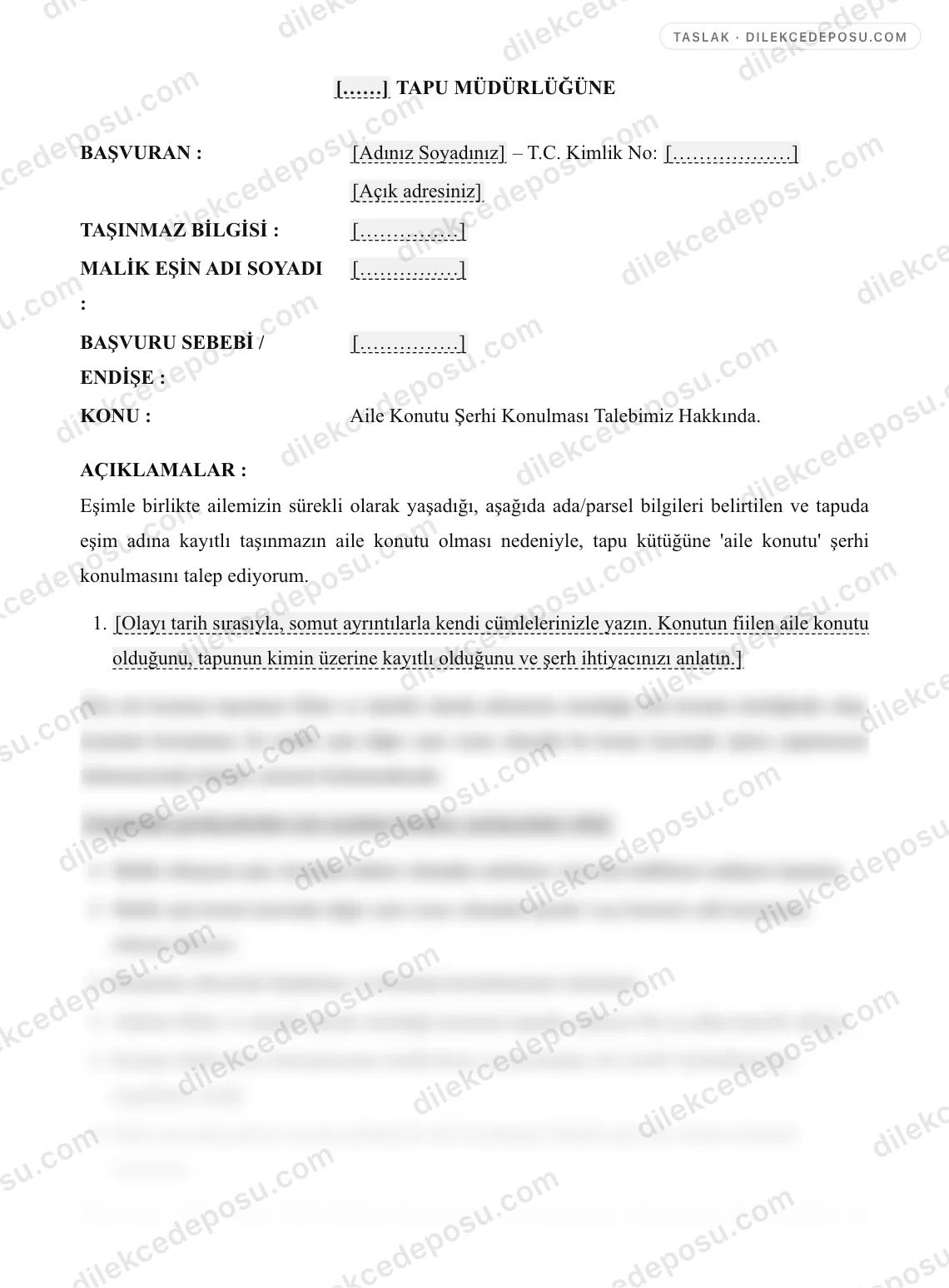 Aile Konutu Şerhi Konulması Talebi Örneği – taslağın ilk bölümünün önizlemesi