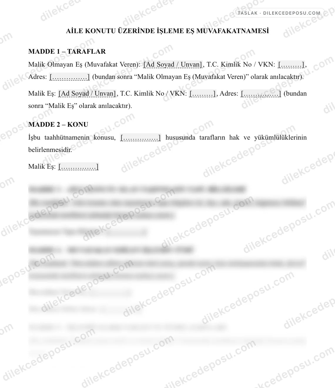 Aile Konutu Üzerinde İşleme Eş Muvafakatnamesi Örneği – taslağın ilk bölümünün önizlemesi