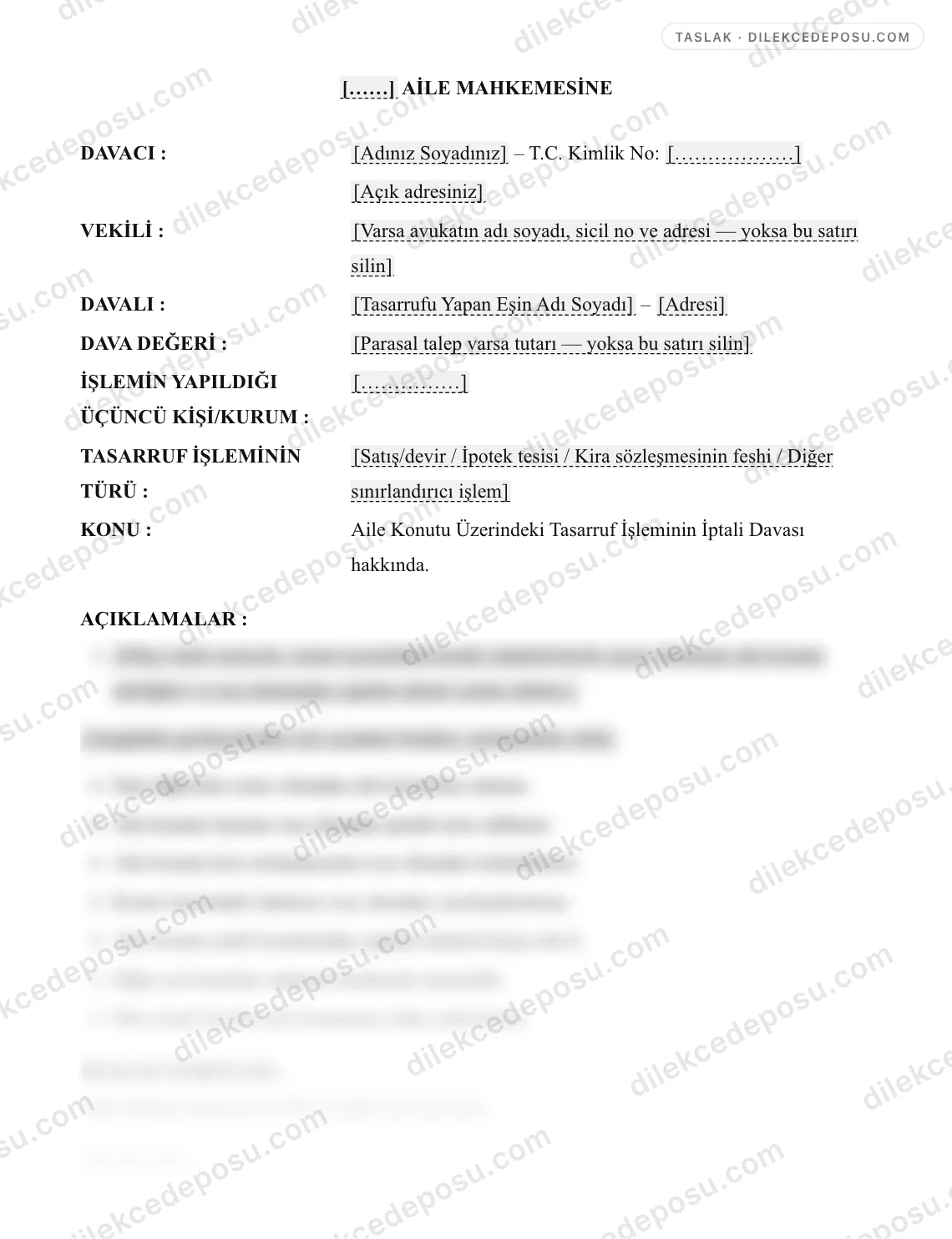 Aile Konutu Üzerindeki Tasarruf İşleminin İptali Davası Örneği – taslağın ilk bölümünün önizlemesi
