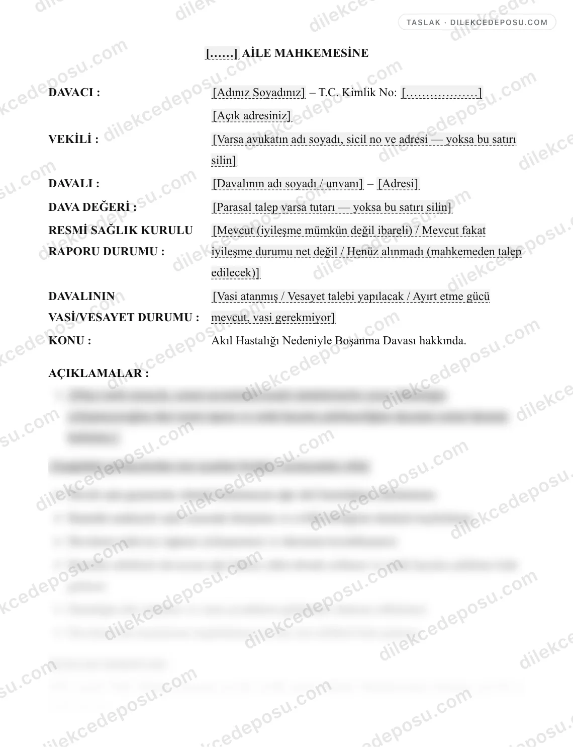 Akıl Hastalığı Nedeniyle Boşanma Davası Örneği – taslağın ilk bölümünün önizlemesi