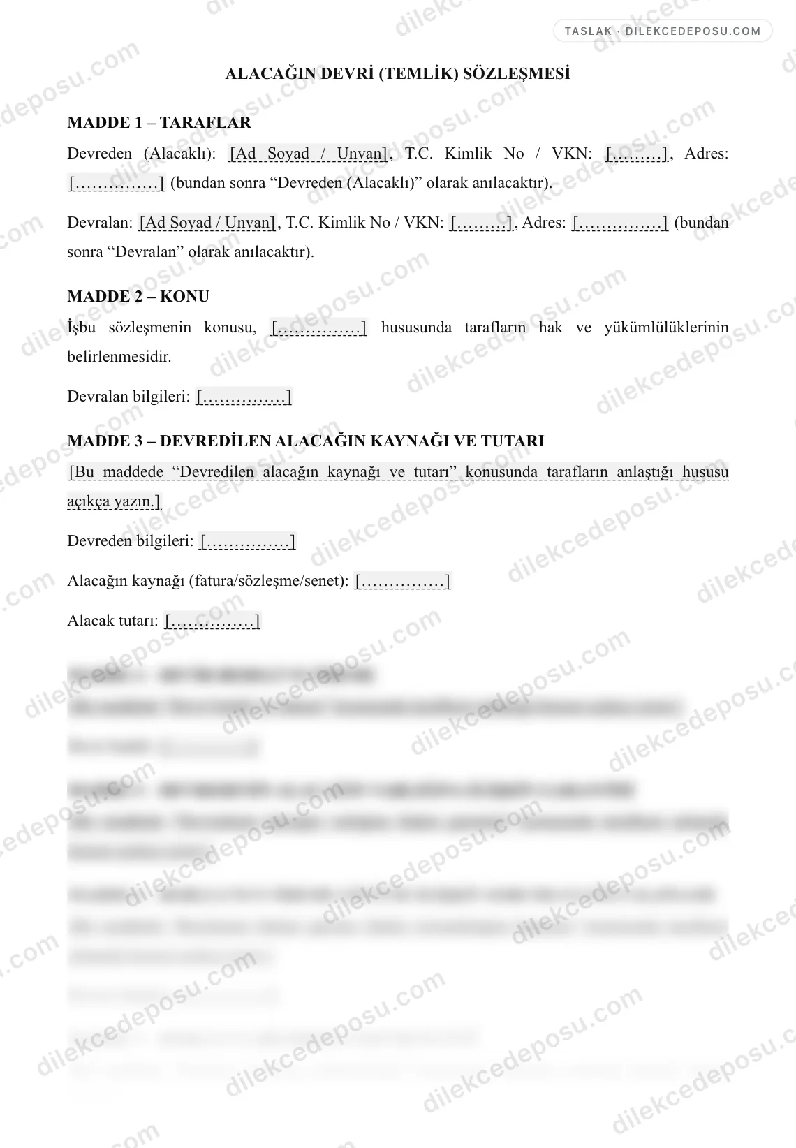 Alacağın Devri (Temlik) Sözleşmesi Örneği – taslağın ilk bölümünün önizlemesi