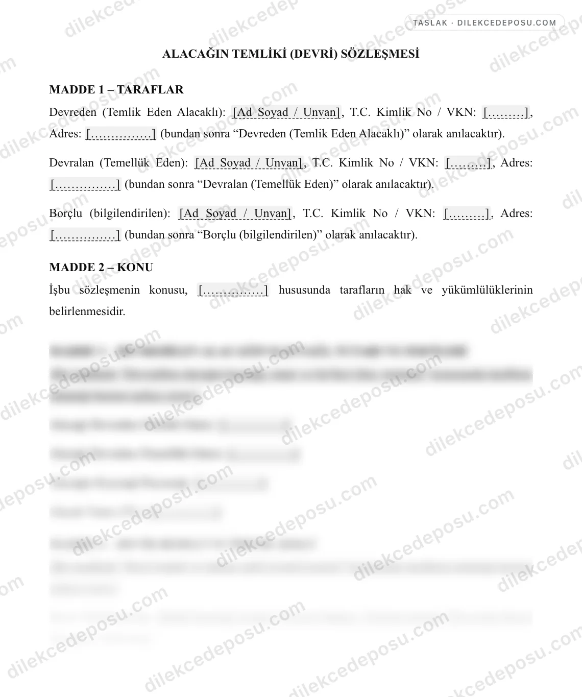 Alacağın Temliki (Devri) Sözleşmesi Örneği – taslağın ilk bölümünün önizlemesi