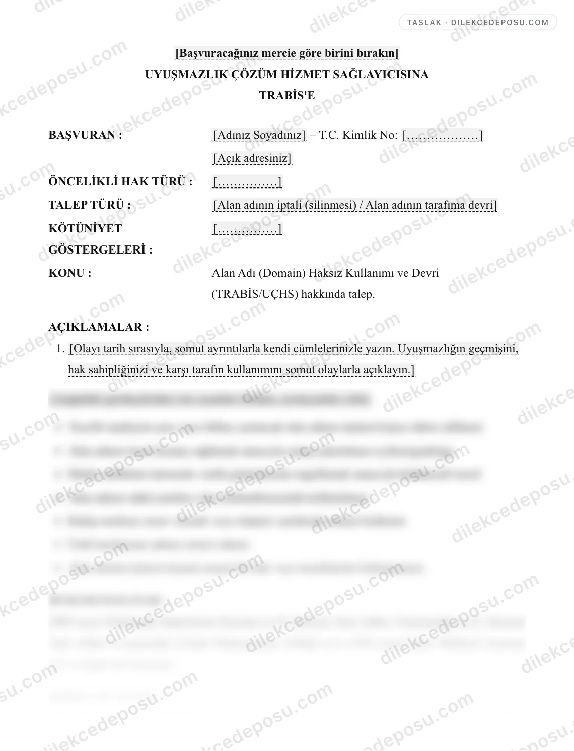 Alan Adı (Domain) Haksız Kullanımı ve Devri (TRABİS/UÇHS) Talebi Dilekçesi Örneği – taslağın ilk bölümünün önizlemesi