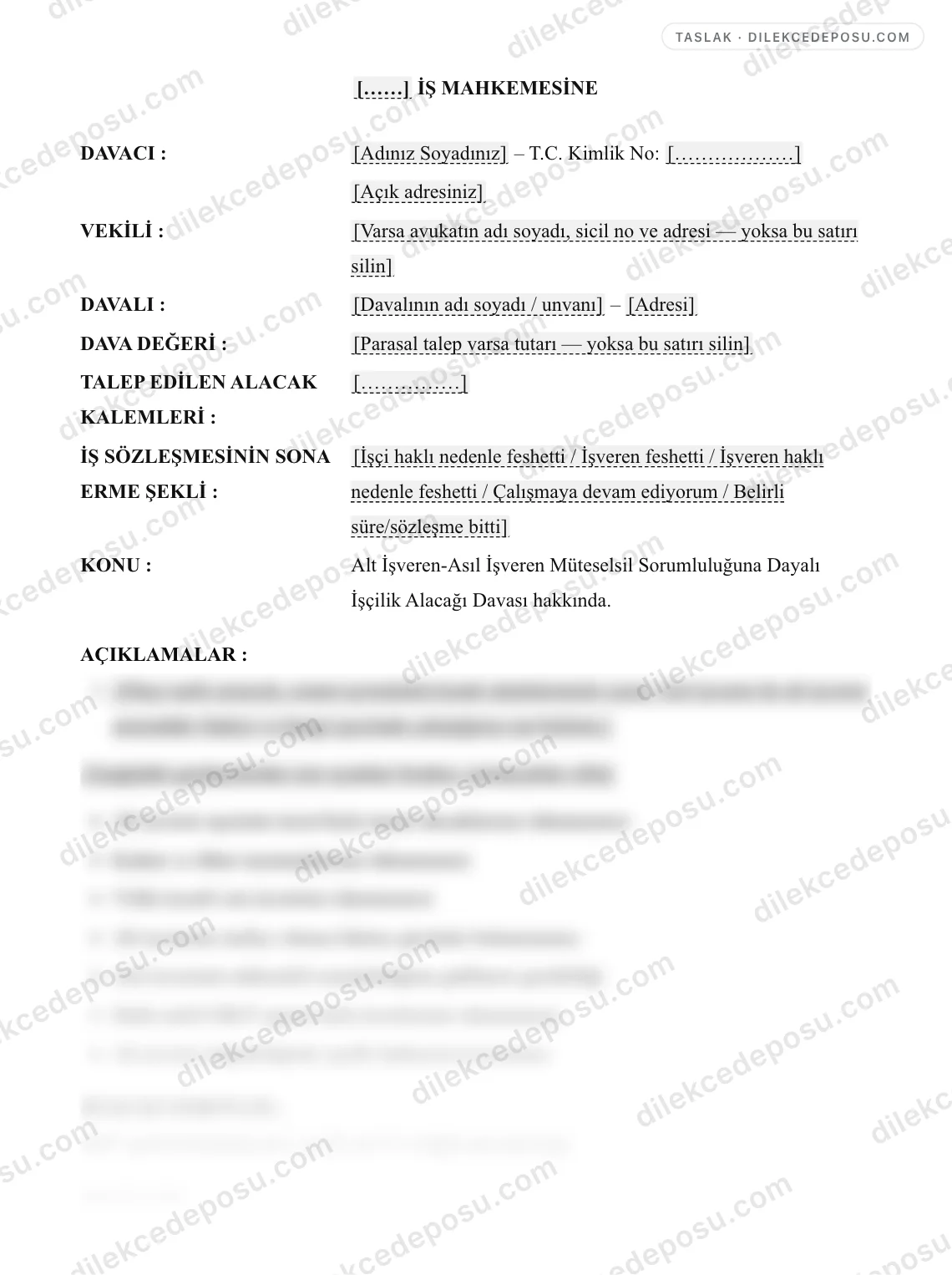 Alt İşveren-Asıl İşveren Müteselsil Sorumluluğuna Dayalı İşçilik Alacağı Davası Örneği – taslağın ilk bölümünün önizlemesi