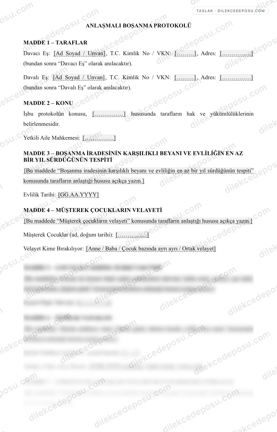 Anlaşmalı Boşanma Protokolü Örneği – taslağın ilk bölümünün önizlemesi