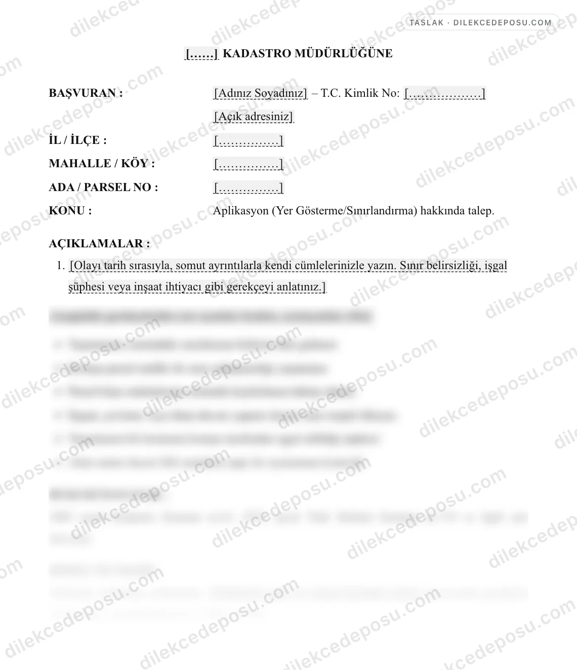 Aplikasyon (Yer Gösterme/Sınırlandırma) Talep Dilekçesi Örneği – taslağın ilk bölümünün önizlemesi