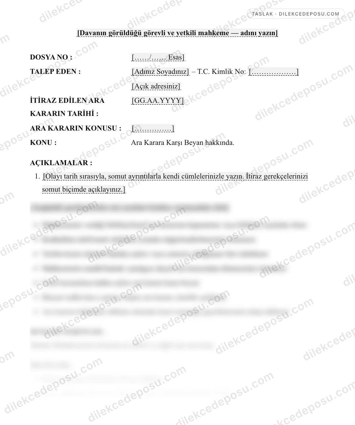 Ara Karara Karşı Beyan Dilekçesi Örneği – taslağın ilk bölümünün önizlemesi
