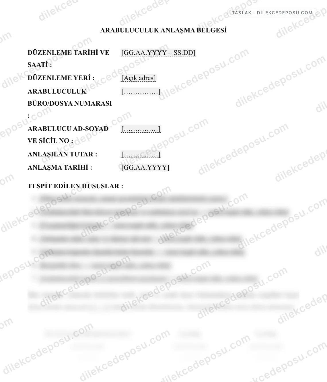 Arabuluculuk Anlaşma Belgesi Örneği – taslağın ilk bölümünün önizlemesi