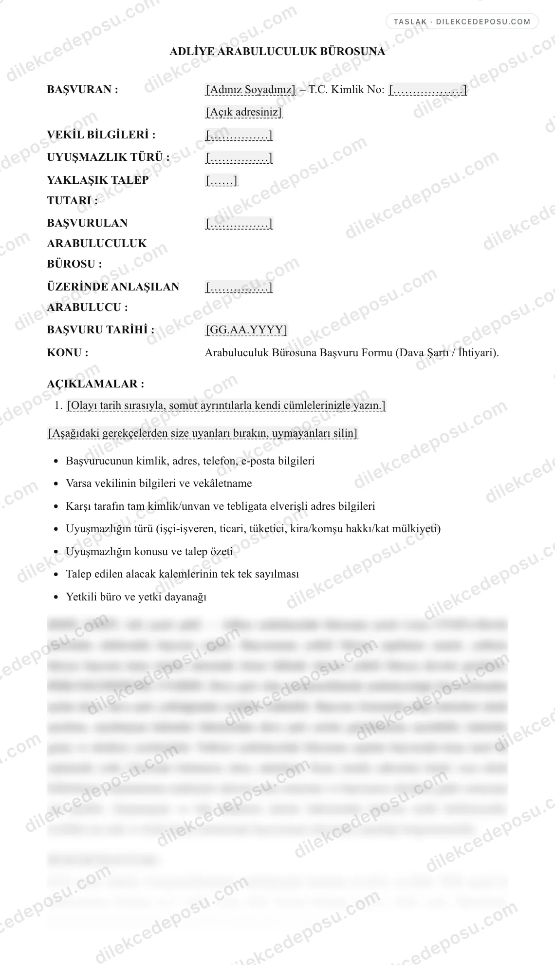 Arabuluculuk Bürosuna Başvuru Formu (Dava Şartı / İhtiyari) Örneği – taslağın ilk bölümünün önizlemesi