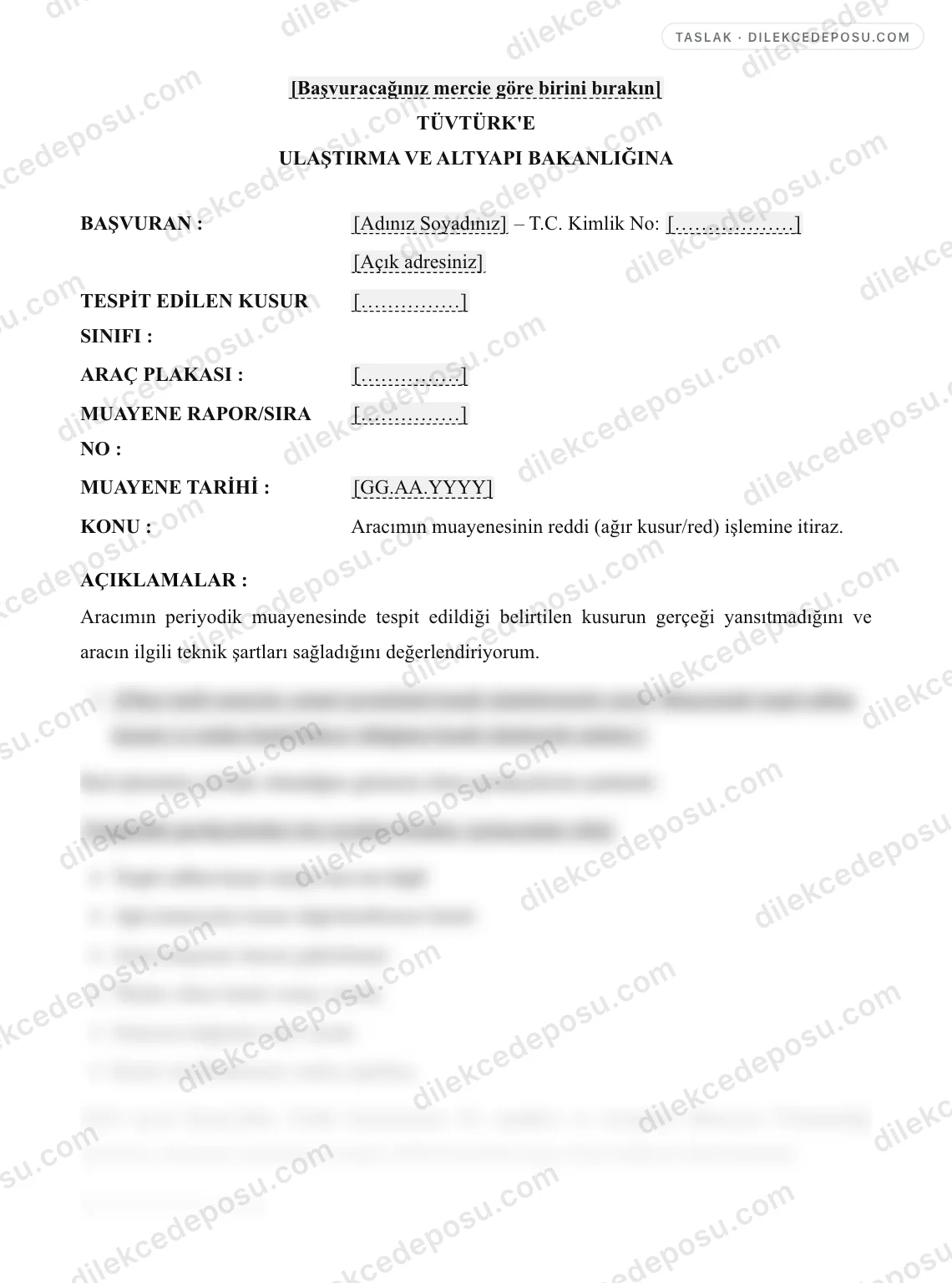 Araç Muayene Reddine İtiraz Dilekçesi Örneği – taslağın ilk bölümünün önizlemesi
