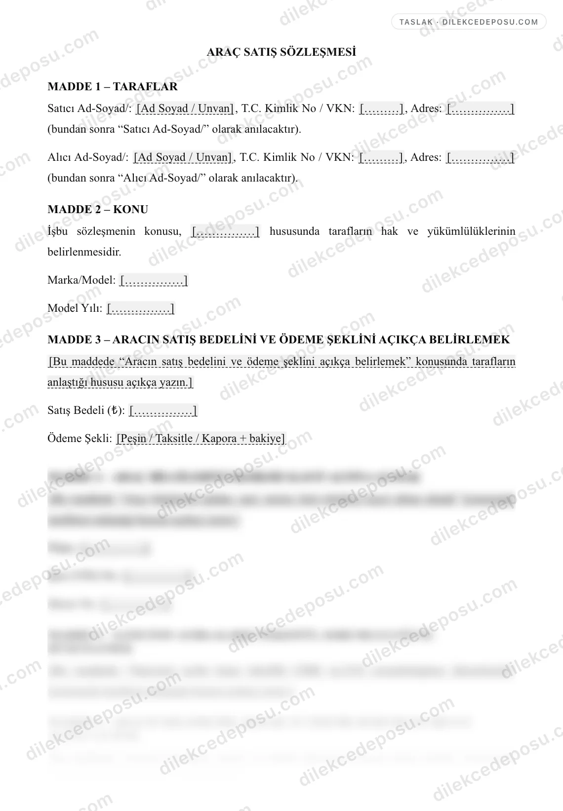 Araç Satış Sözleşmesi Örneği – taslağın ilk bölümünün önizlemesi