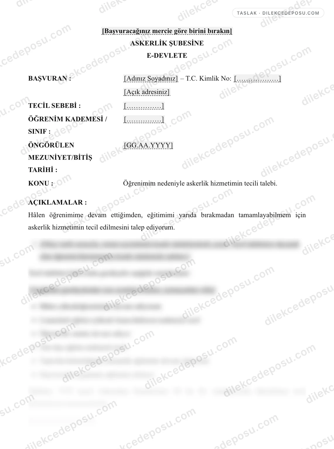 Askerlik Tecil Talep Dilekçesi Örneği – taslağın ilk bölümünün önizlemesi
