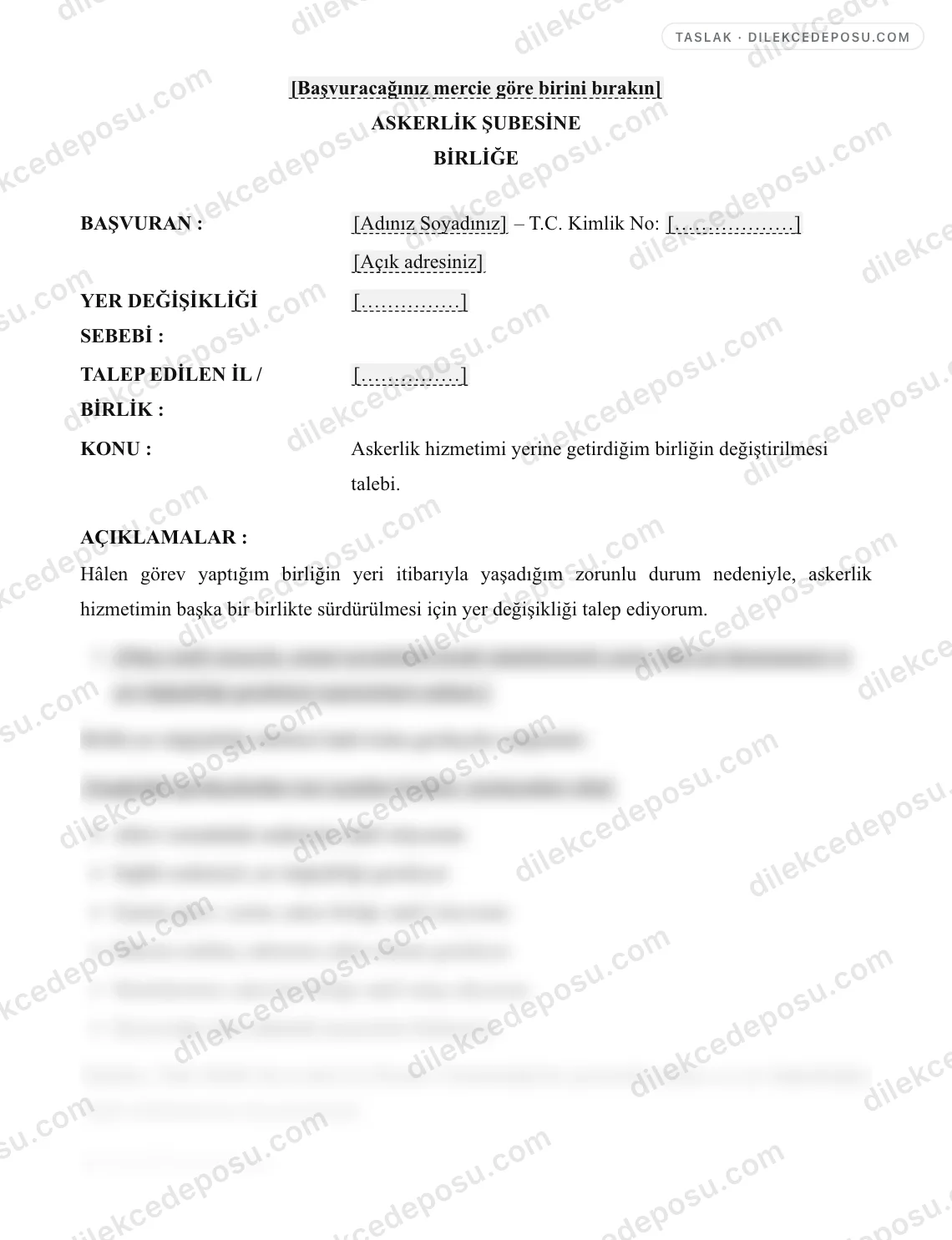Askerlik Yer Değişikliği Dilekçesi Örneği – taslağın ilk bölümünün önizlemesi