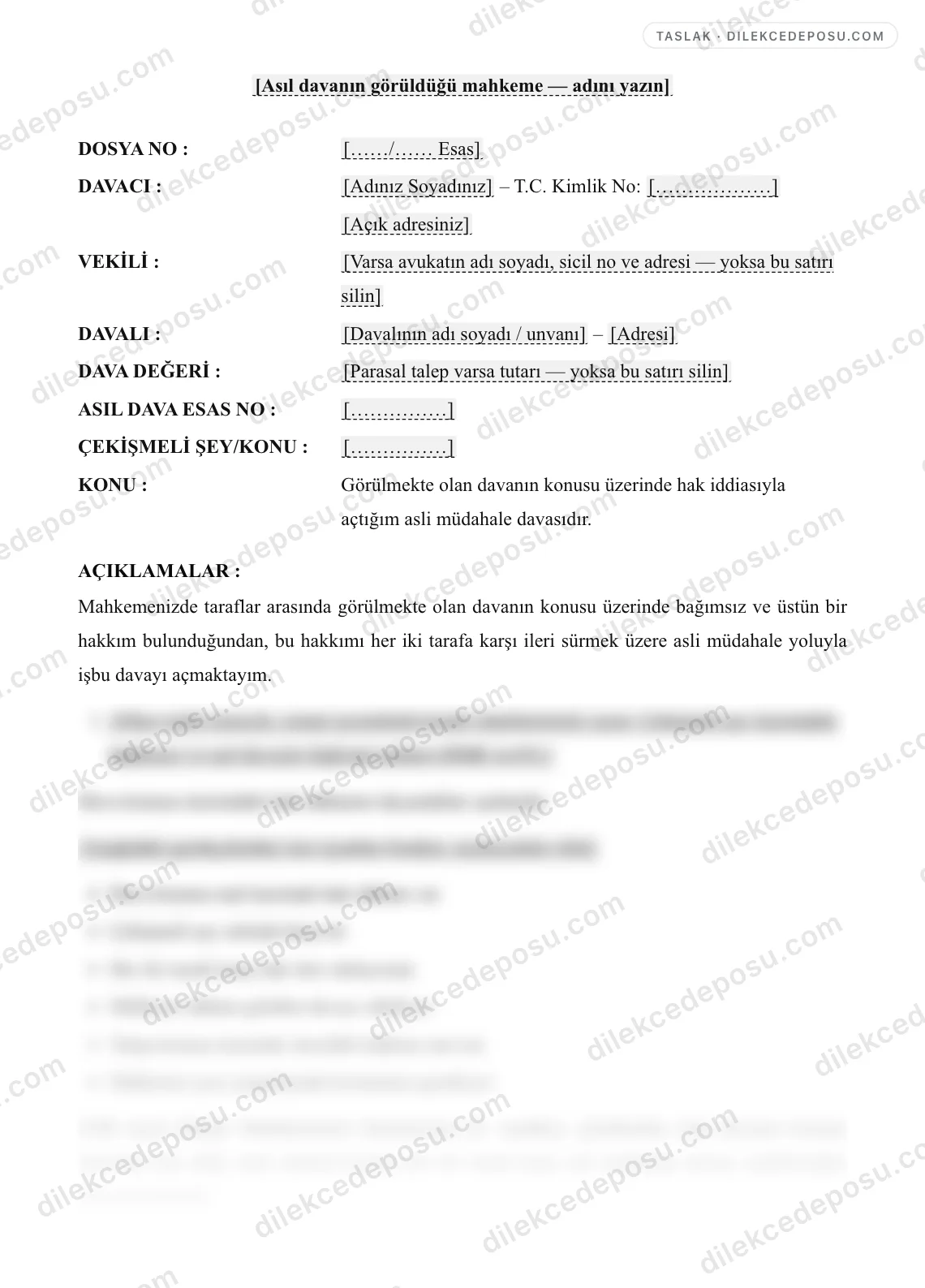 Asli Müdahale Davası Dilekçesi Örneği – taslağın ilk bölümünün önizlemesi