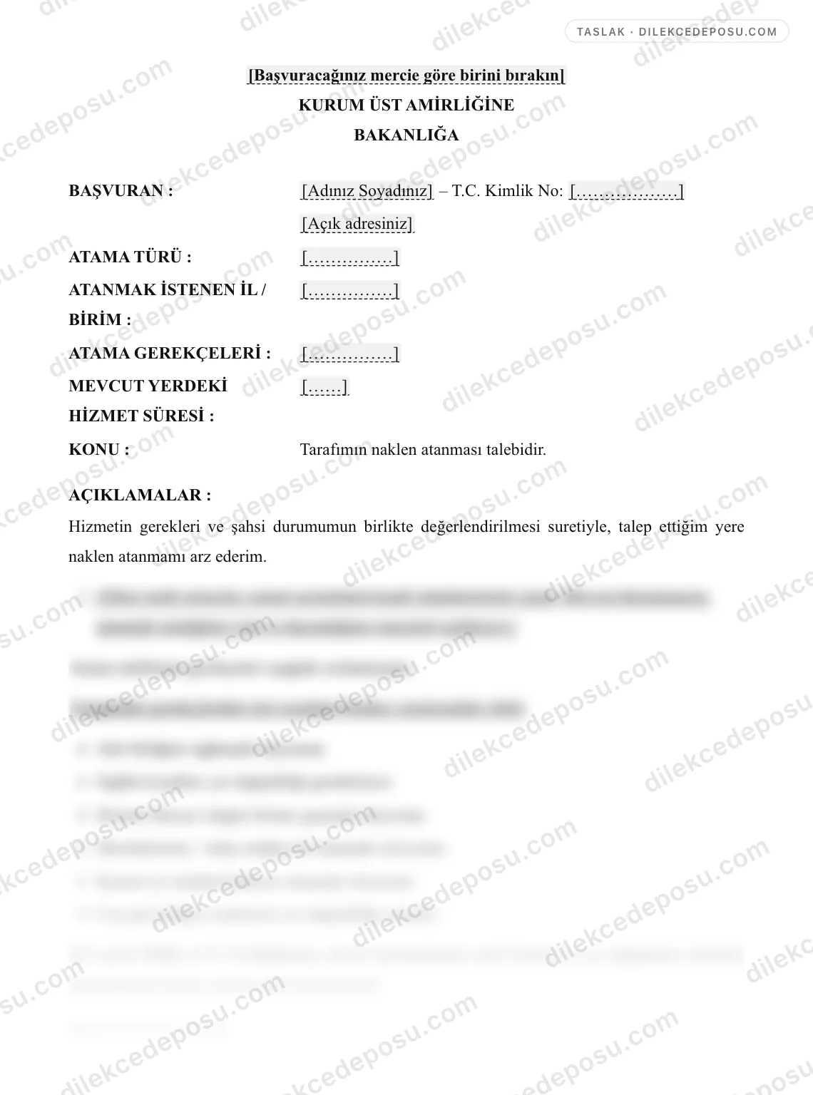 Atama Talep Dilekçesi Örneği – taslağın ilk bölümünün önizlemesi