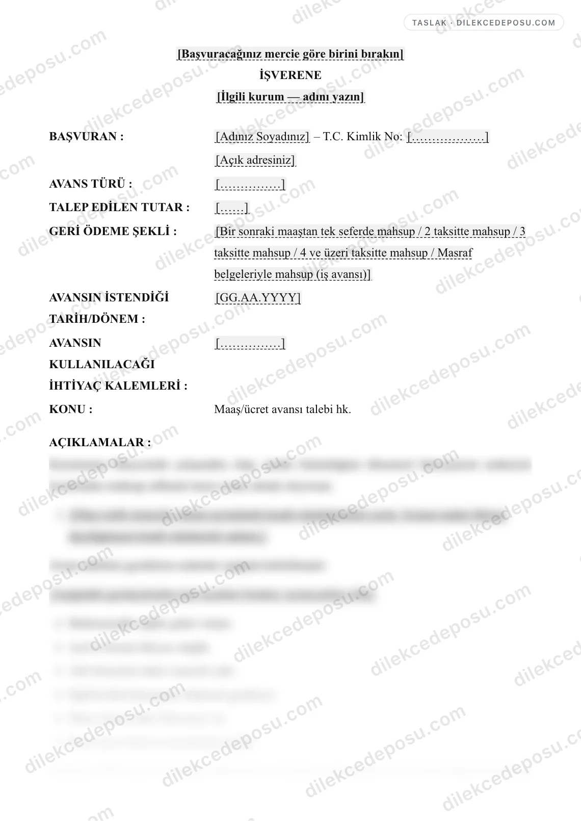 Avans Talep Dilekçesi Örneği – taslağın ilk bölümünün önizlemesi