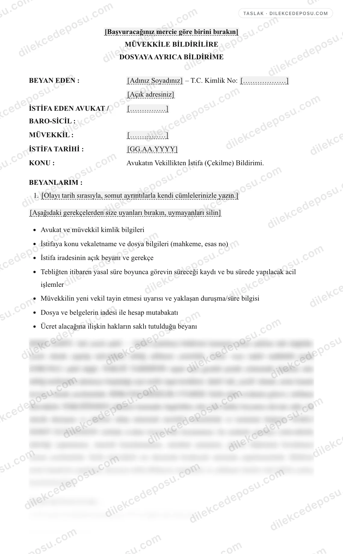 Avukatın Vekillikten İstifa (Çekilme) Bildirimi Örneği – taslağın ilk bölümünün önizlemesi