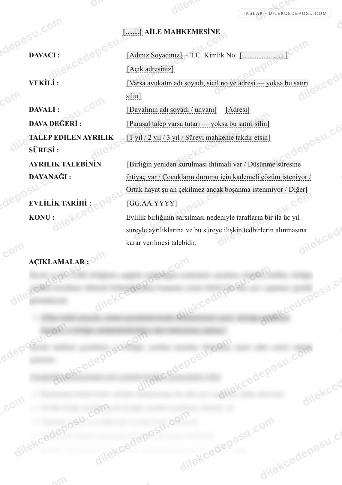 Ayrılık Davası Örneği – taslağın ilk bölümünün önizlemesi
