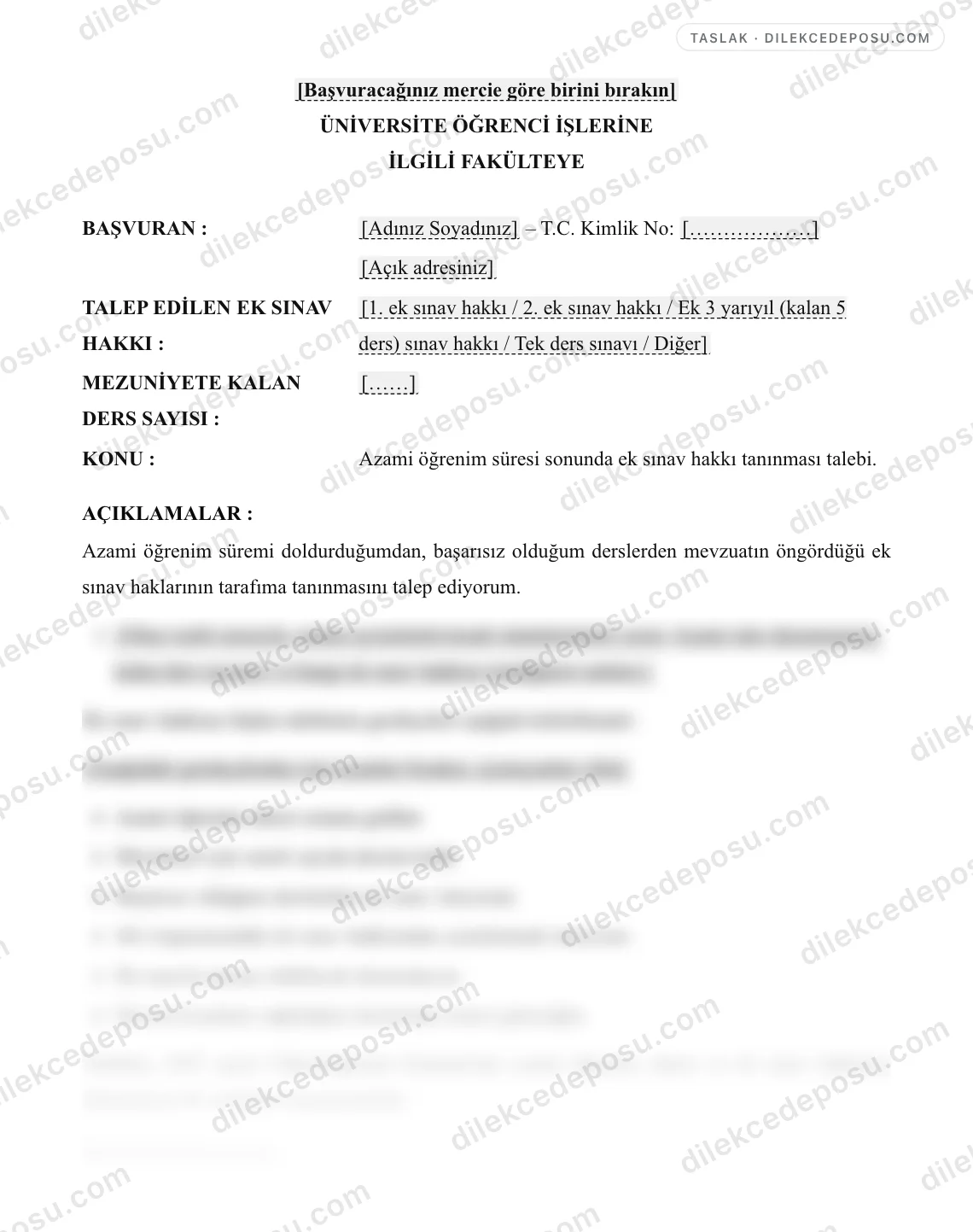 Azami Öğrenim Süresi Ek Sınav Talep Dilekçesi Örneği – taslağın ilk bölümünün önizlemesi