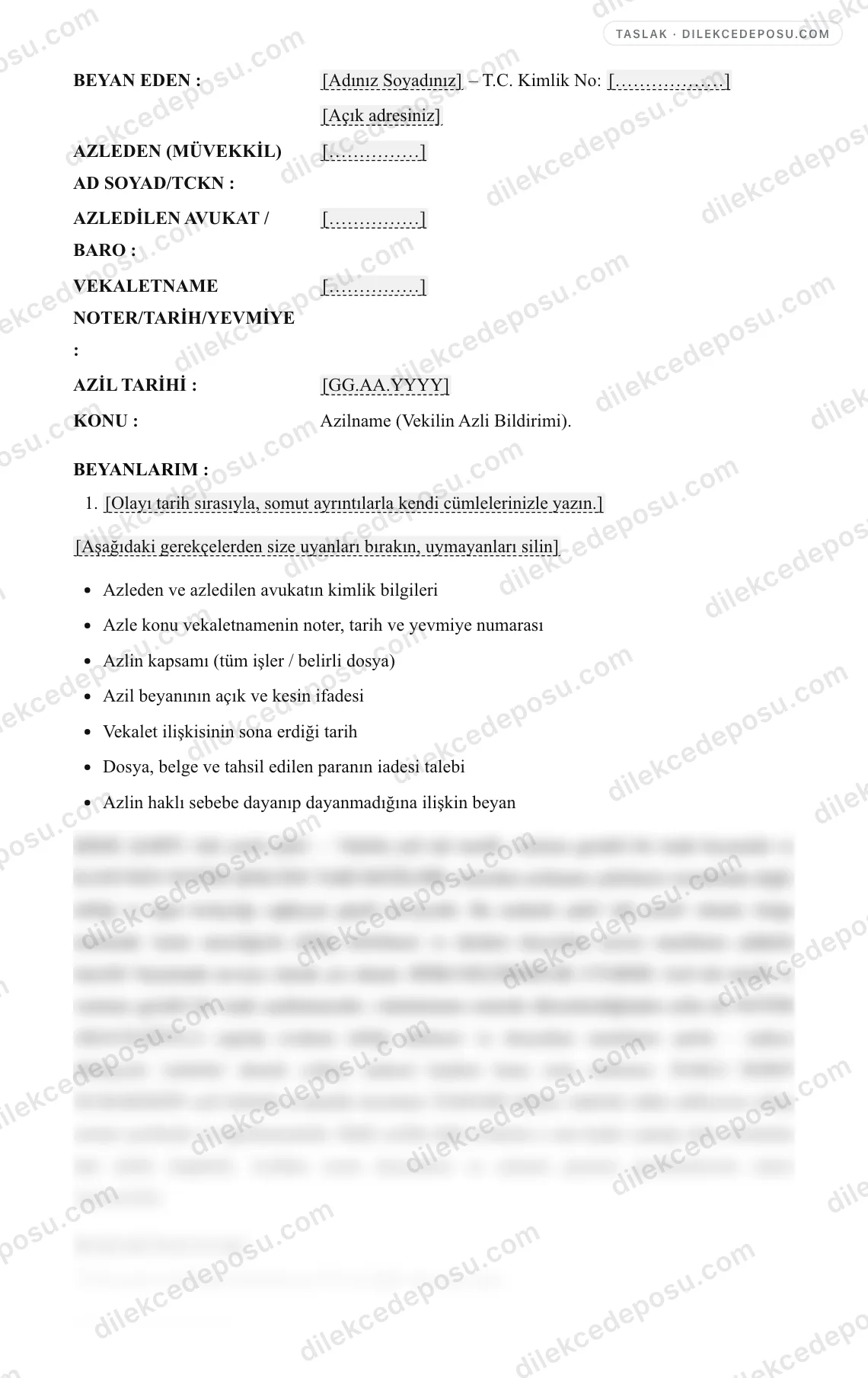 Azilname (Vekilin Azli Bildirimi) Örneği – taslağın ilk bölümünün önizlemesi
