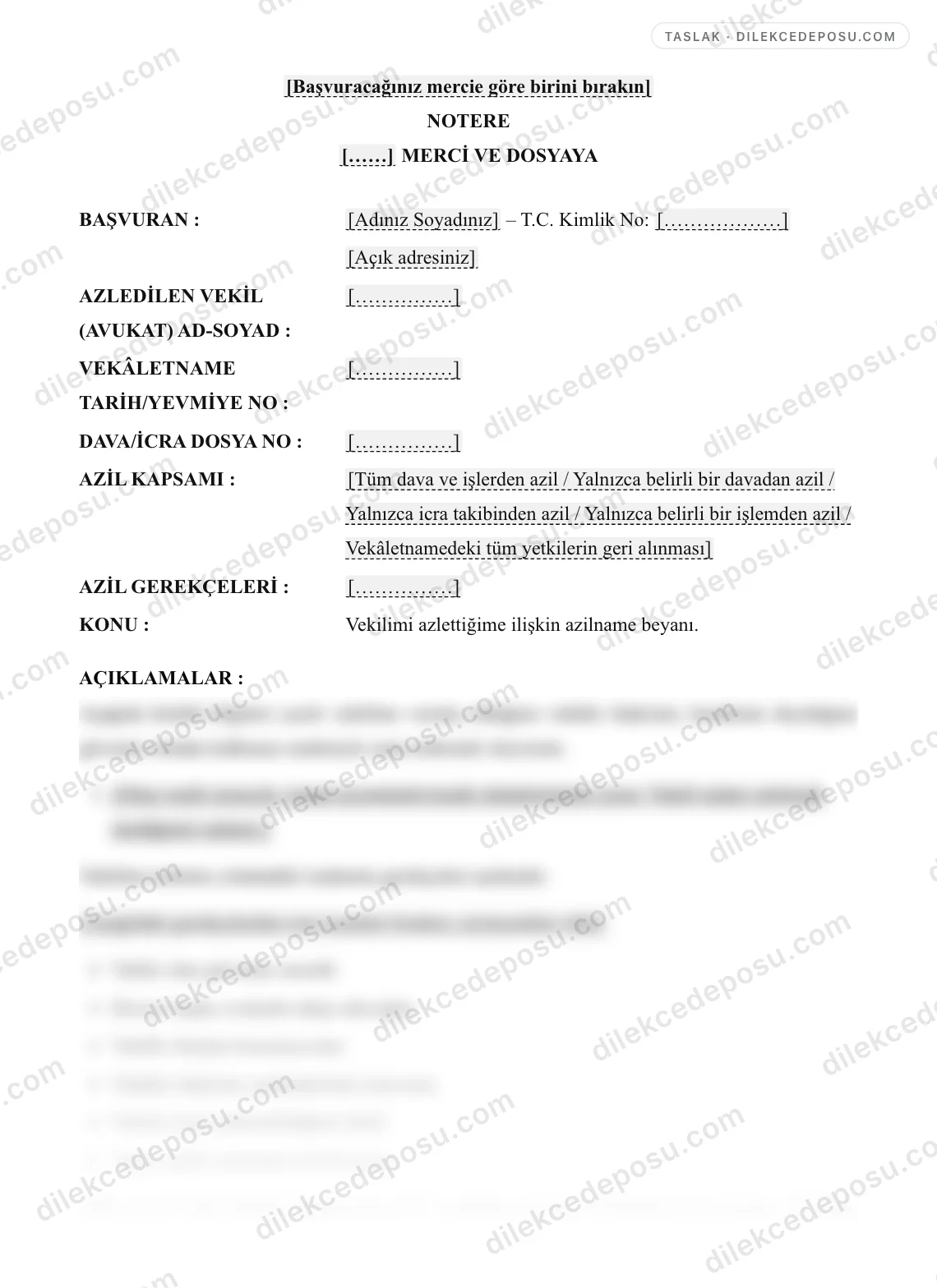 Azilname (Vekilin Azli) Dilekçesi Örneği – taslağın ilk bölümünün önizlemesi