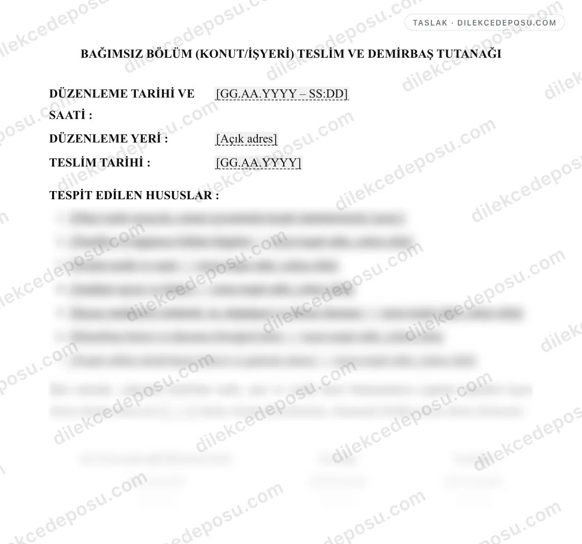Bağımsız Bölüm (Konut/İşyeri) Teslim ve Demirbaş Tutanağı Örneği – taslağın ilk bölümünün önizlemesi