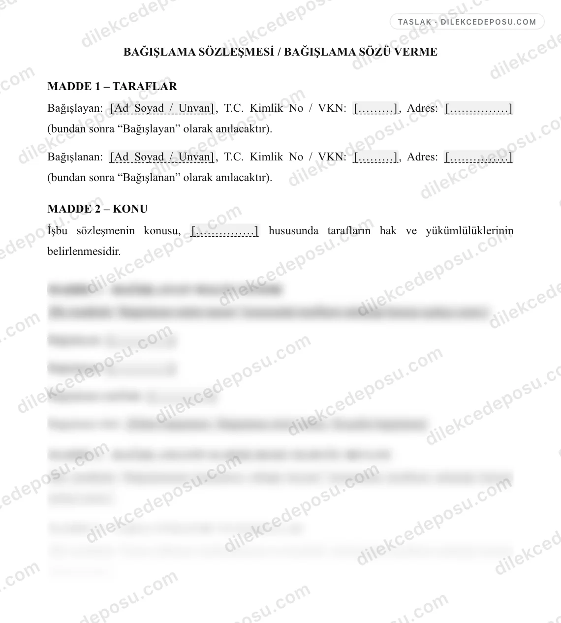 Bağışlama Sözleşmesi / Bağışlama Sözü Verme Örneği – taslağın ilk bölümünün önizlemesi