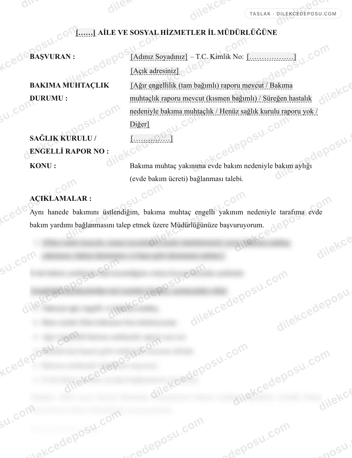 Bakım Aylığı Talep (Evde Bakım) Örneği – taslağın ilk bölümünün önizlemesi