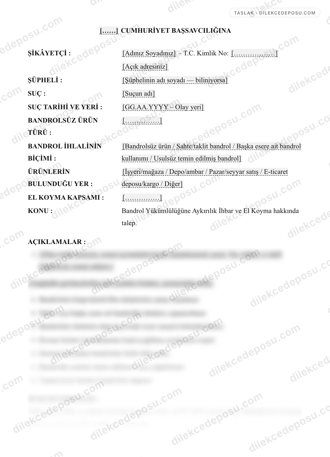 Bandrol Yükümlülüğüne Aykırılık İhbar ve El Koyma Talebi Dilekçesi Örneği – taslağın ilk bölümünün önizlemesi