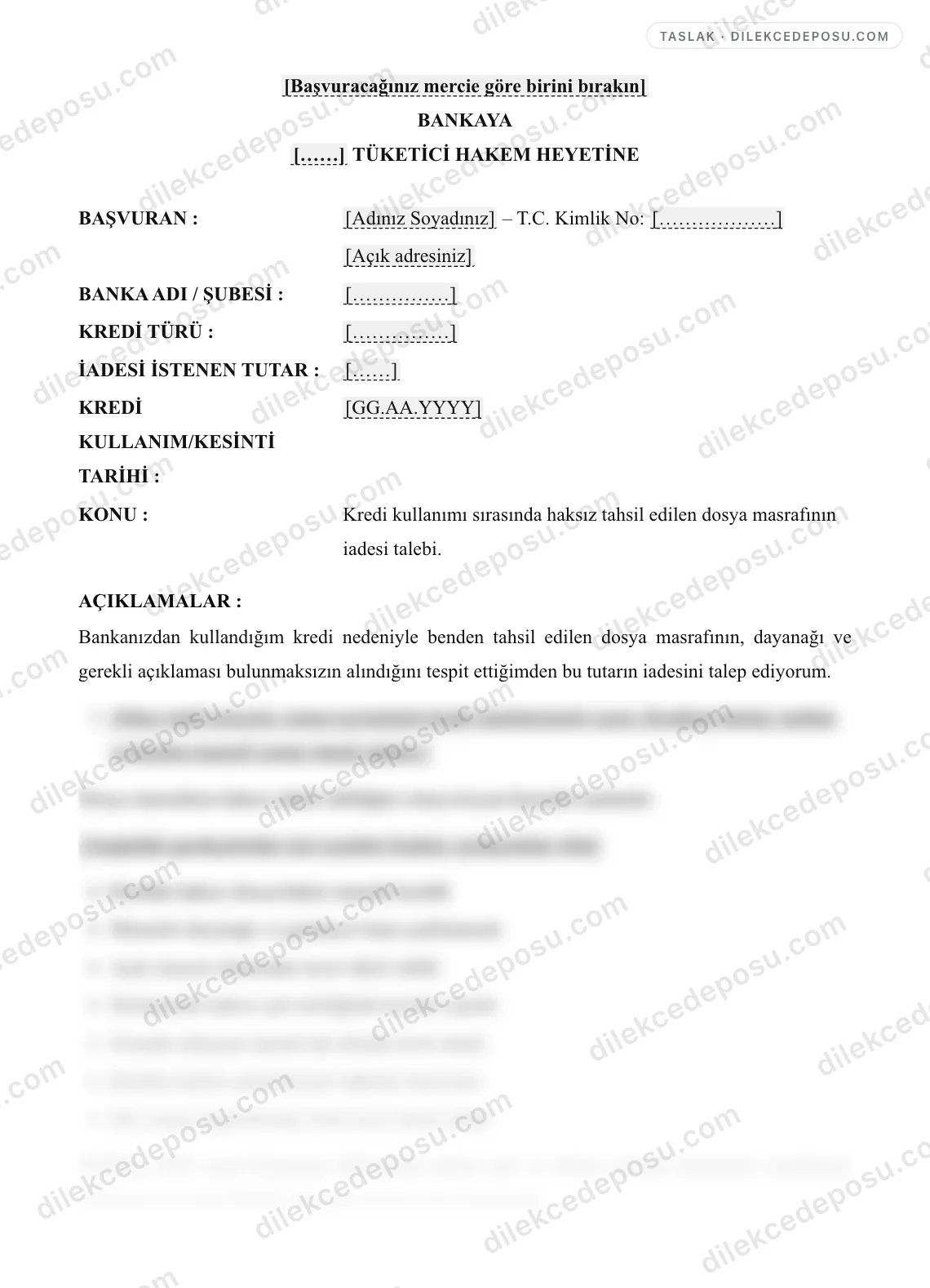 Banka Dosya Masrafı İade Dilekçesi Örneği – taslağın ilk bölümünün önizlemesi