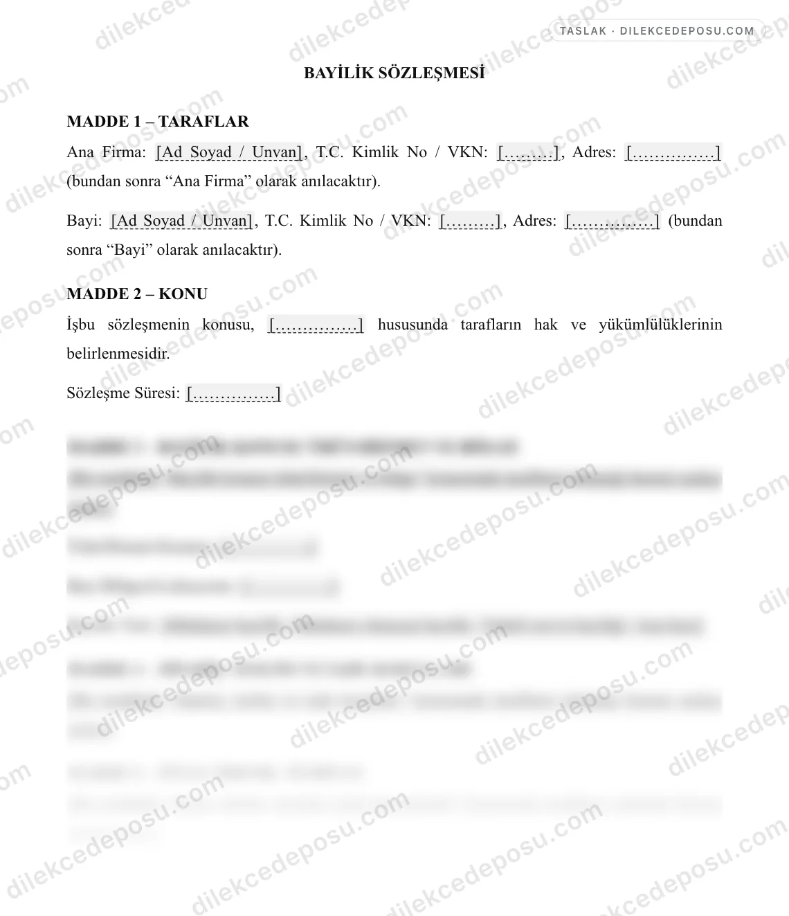 Bayilik Sözleşmesi Örneği – taslağın ilk bölümünün önizlemesi