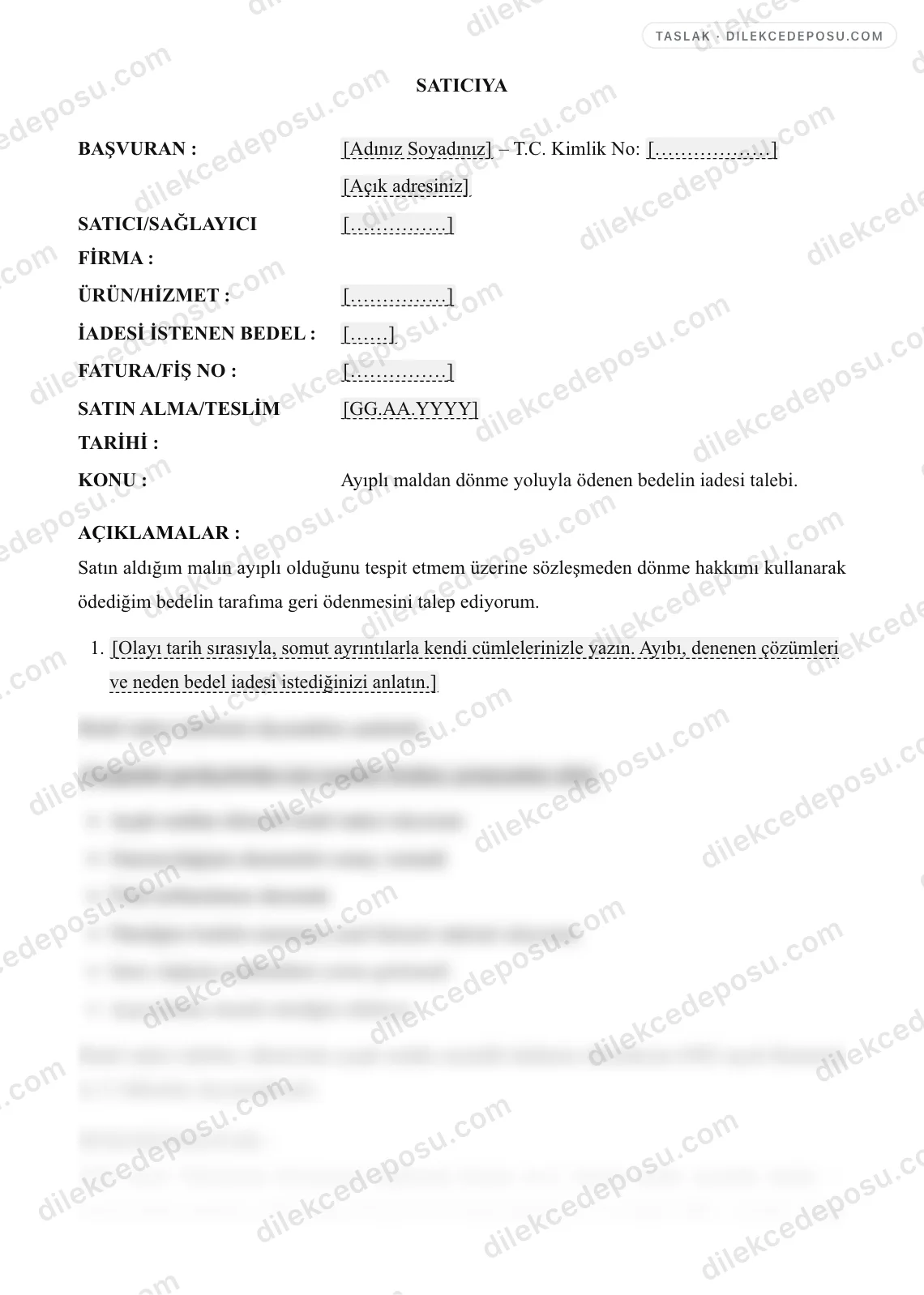 Bedel İadesi Talep Dilekçesi Örneği – taslağın ilk bölümünün önizlemesi