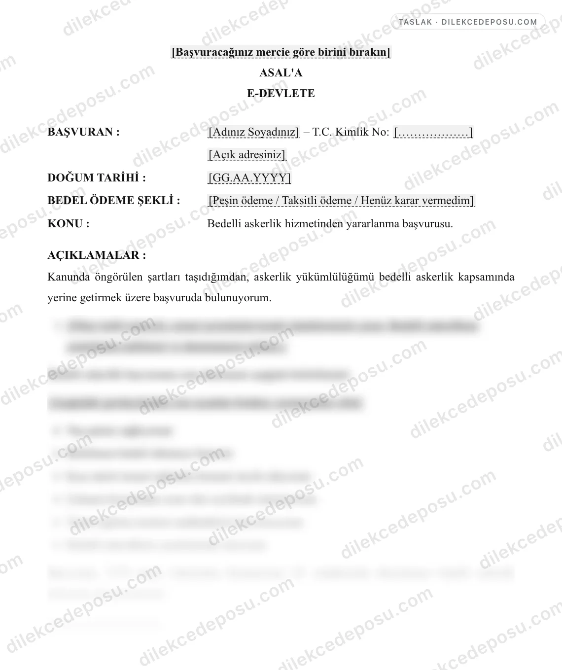 Bedelli Askerlik Başvuru Örneği – taslağın ilk bölümünün önizlemesi