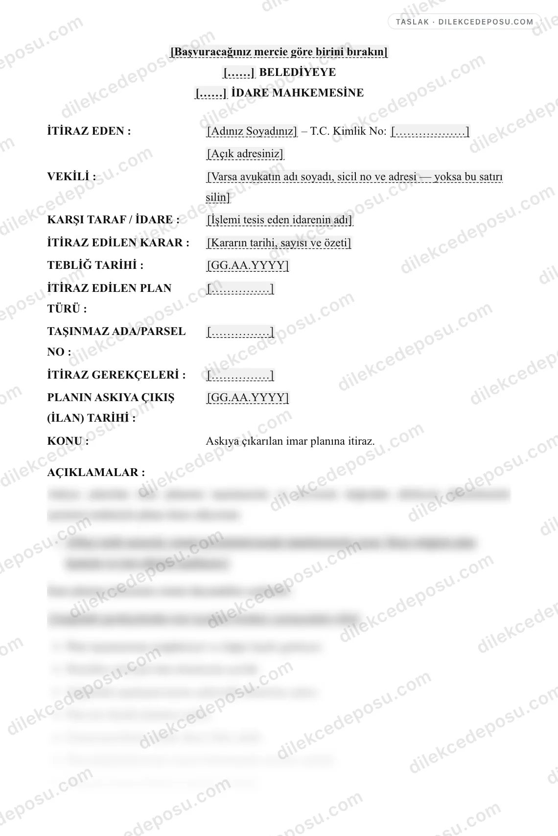 Belediye İmar Planı İtirazı Örneği – taslağın ilk bölümünün önizlemesi