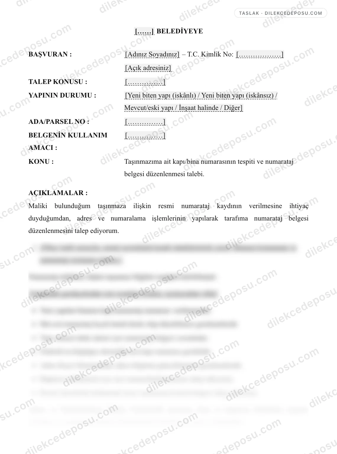 Belediye Numarataj Dilekçesi Örneği – taslağın ilk bölümünün önizlemesi
