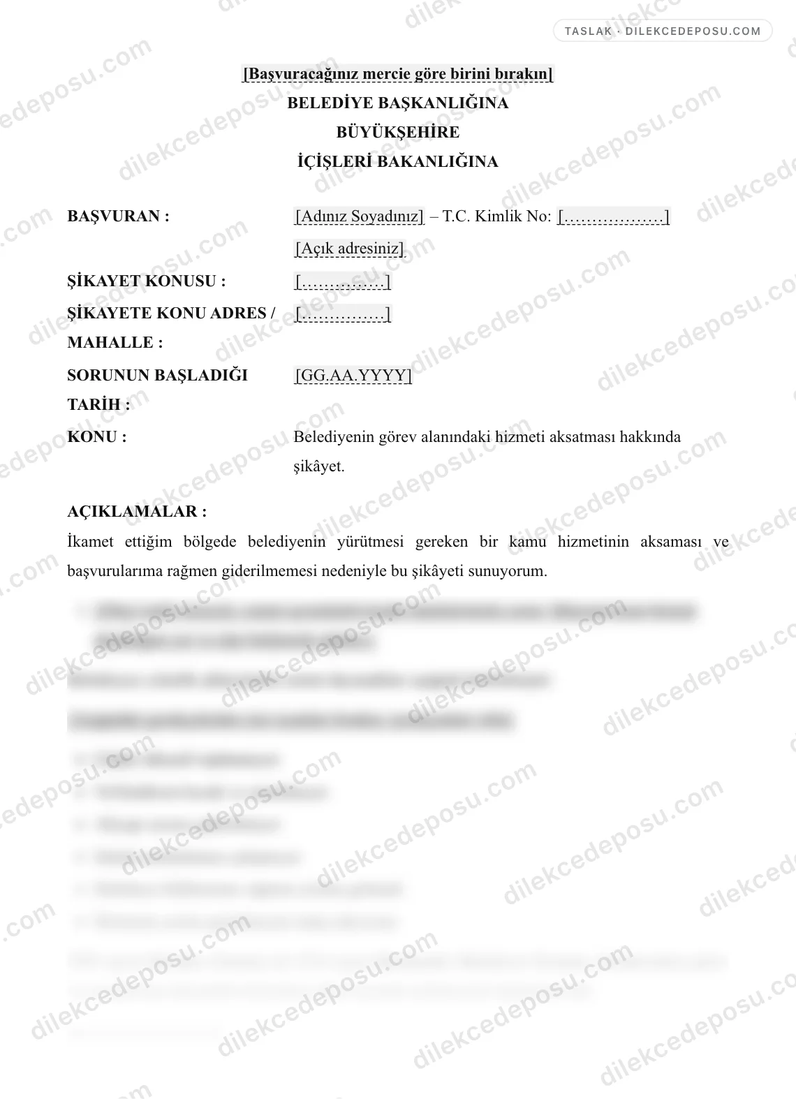 Belediye Şikayet Dilekçesi Örneği – taslağın ilk bölümünün önizlemesi