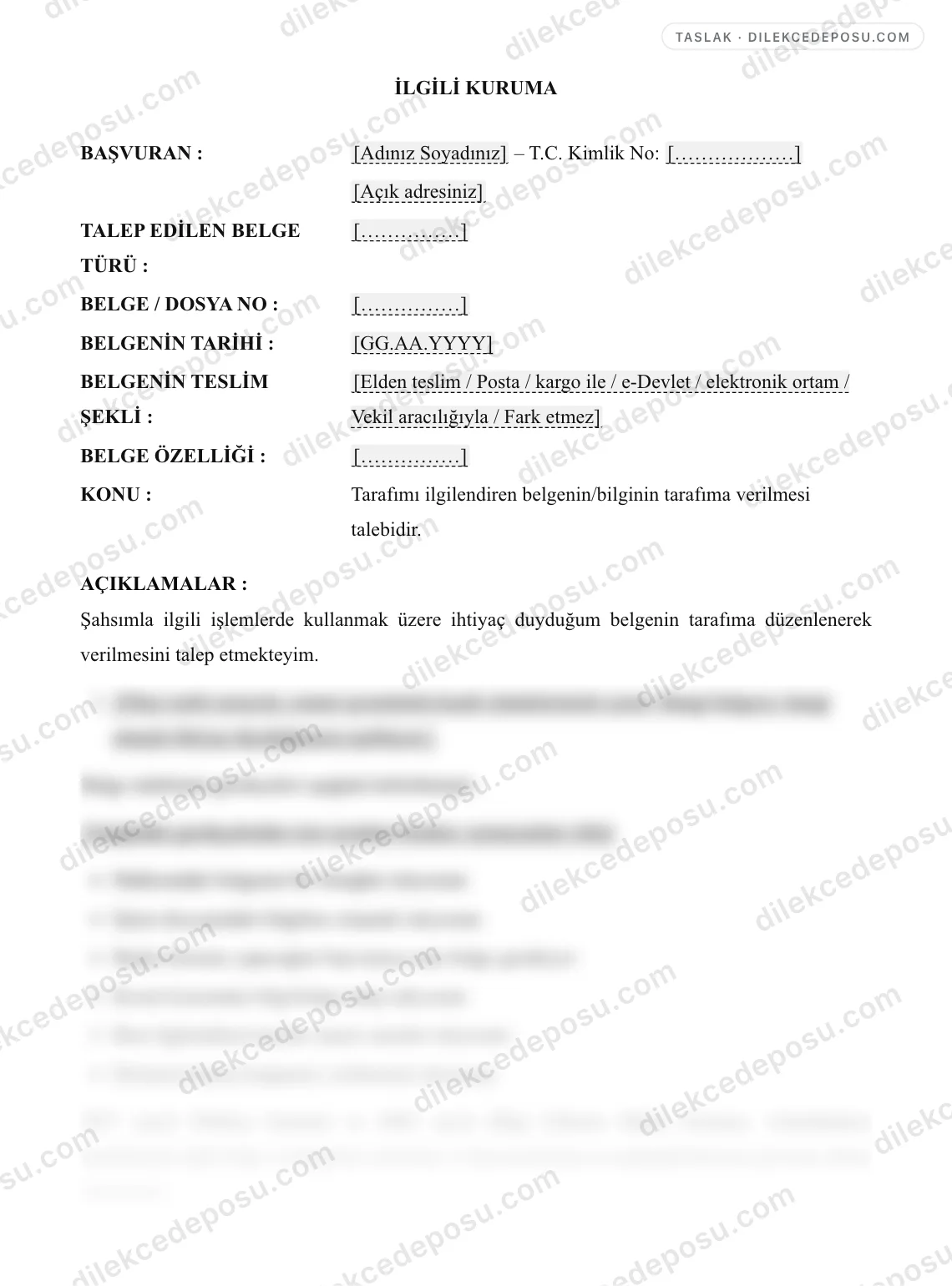Belge Talep Dilekçesi Örneği – taslağın ilk bölümünün önizlemesi