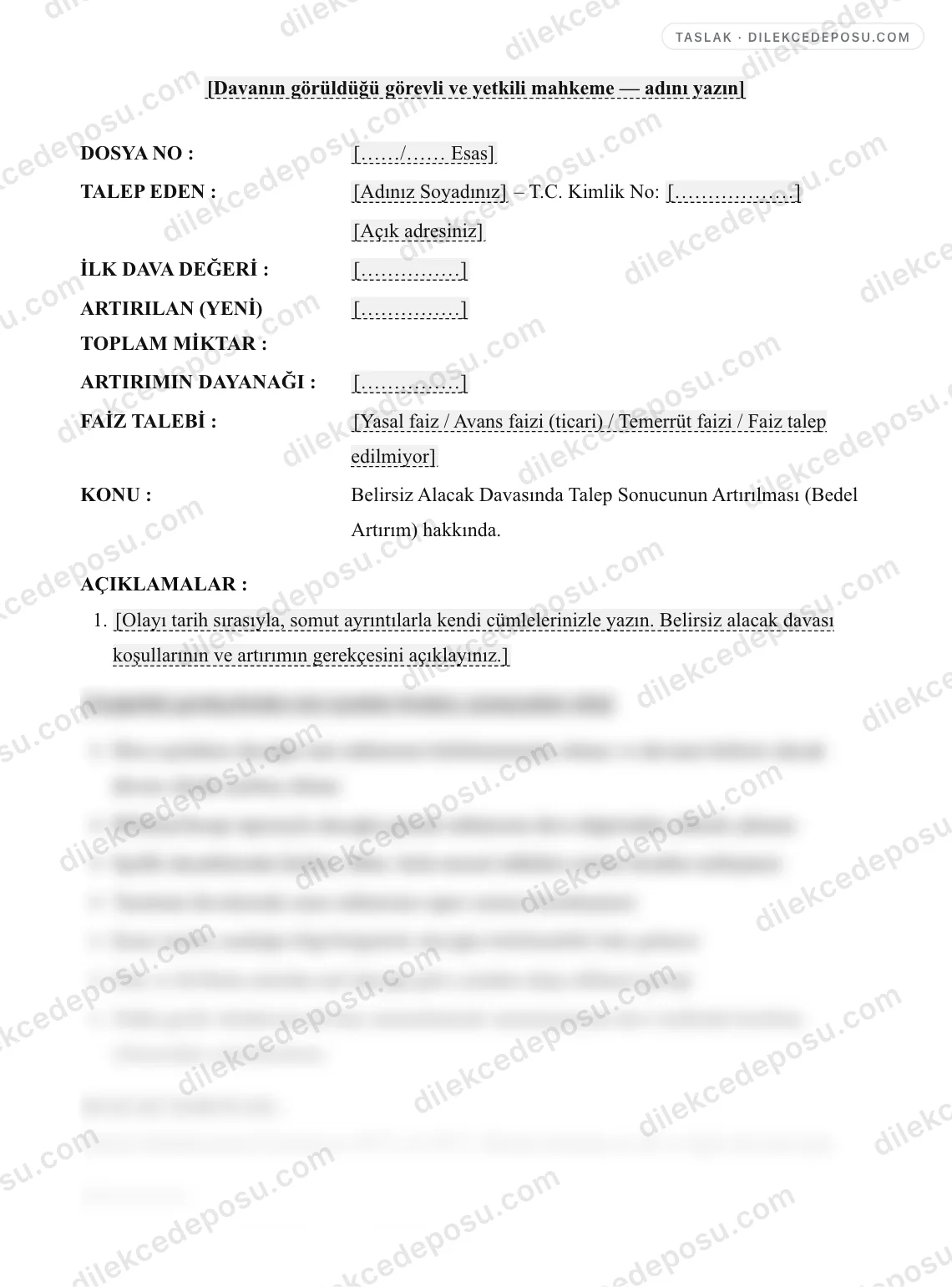Belirsiz Alacak Davasında Talep Sonucunun Artırılması (Bedel Artırım) Dilekçesi Örneği – taslağın ilk bölümünün önizlemesi