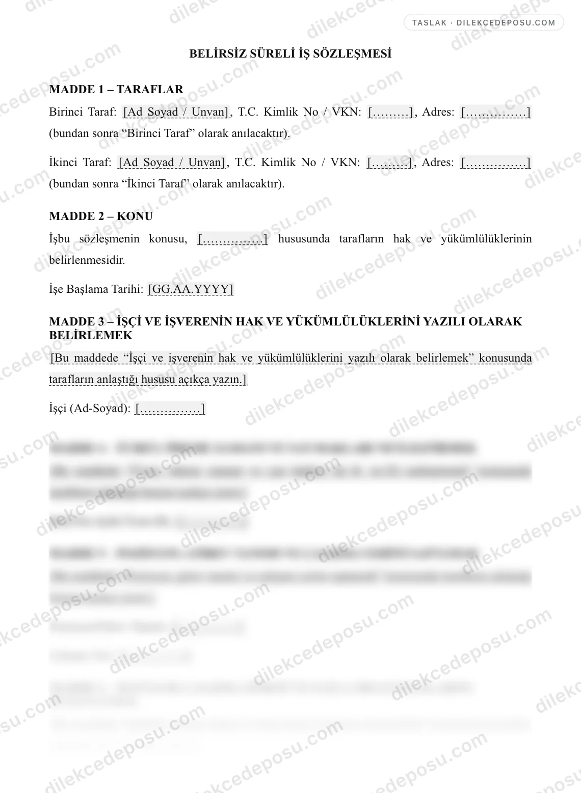 Belirsiz Süreli İş Sözleşmesi Örneği – taslağın ilk bölümünün önizlemesi