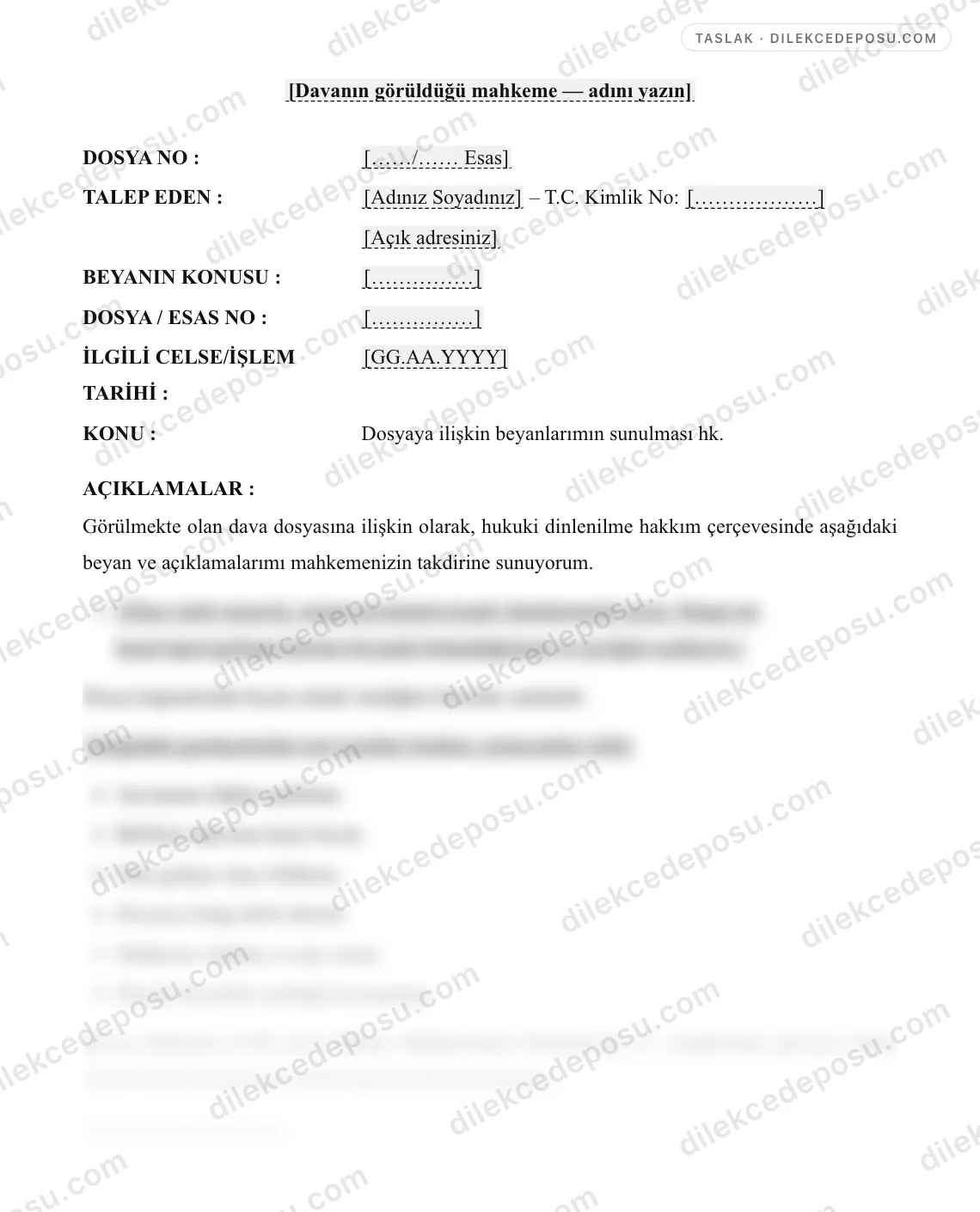 Beyan Dilekçesi Örneği – taslağın ilk bölümünün önizlemesi