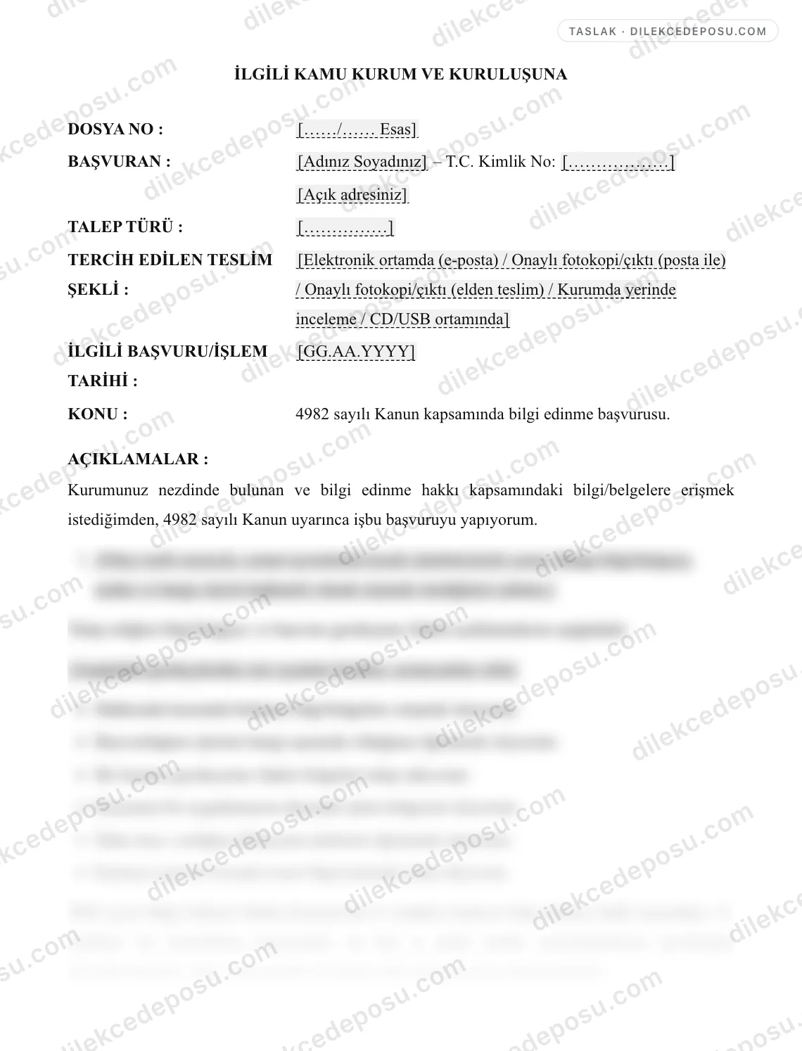 Bilgi Edinme Başvurusu (4982 sayılı Kanun) Örneği – taslağın ilk bölümünün önizlemesi