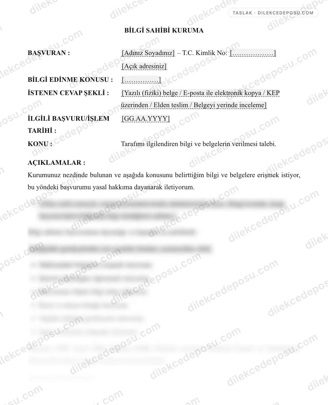 Bilgi Edinme Dilekçesi Örneği – taslağın ilk bölümünün önizlemesi